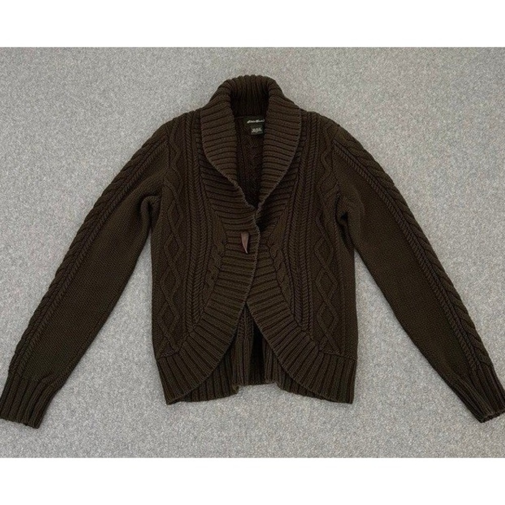 Eddie Bauer Cable Knit Sweater Womens Medium Brown Shawl Collar Toggle Cardigan
